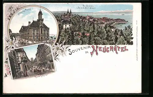 Lithographie Neuchâtel, Hotel des Postes, Vue Generale, Rue de l`Hopital
