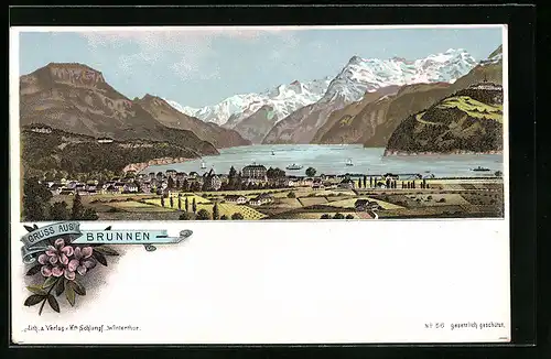 Lithographie Brunnen, Totalansicht mit See und Bergen