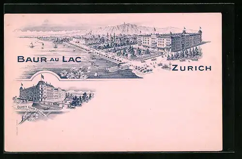 Lithographie Zürich, Baur au Lac, Totalansicht der Stadt