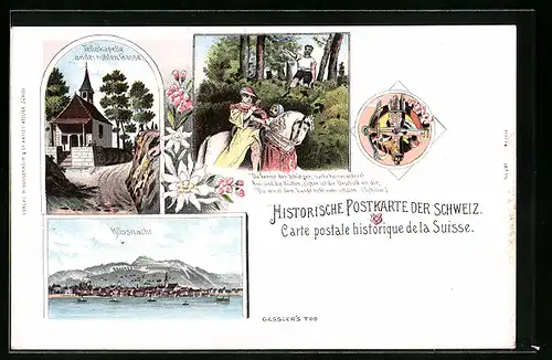 Lithographie Küssnacht, Tellskapelle an der hohlen Gasse, Reiter auf Pferd von Pfeil getroffen, Wappen