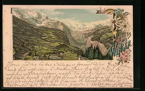 Lithographie Wengen, Totalansicht der Gemeinde