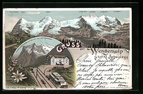 Lithographie Wengernalp, Kleine Scheidegg m. Blick auf Wetterhorn, Alpenpanorama