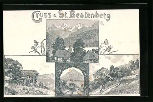 Lithographie St. Beatenberg, Teilansicht, Ortsansicht, Kirche, Bergbahn