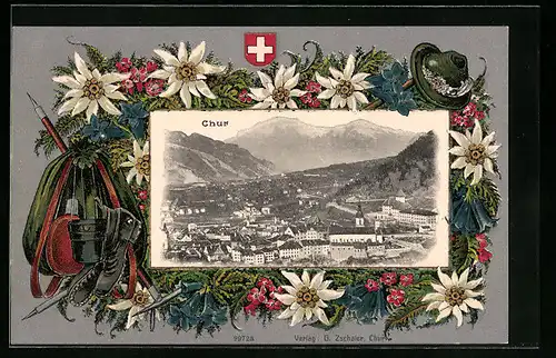 Präge-AK Chur, Gesamtansicht mit Kirche und Bergen, Wanderausrüstung und Alpenblumen