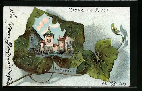 Lithographie Bern, Strassenpartie am Zeitglockenturm