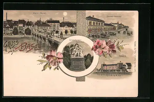 Lithographie Basel, Central-Bahnhof, Kaserne, Strassburger-Denkmal