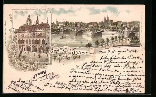 Lithographie Basel, Rathaus, Gesamtansicht mit Rheinbrücke