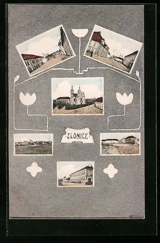 AK Zlonice, Kirche, Strassenpartie, Ortsansicht