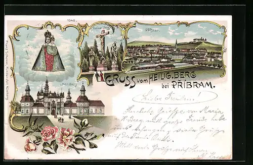 Lithographie Pribram, Kloster Heiliger Berg, Ortsansicht
