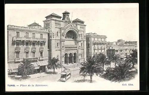 AK Tunis, Place de la Residence, Strassenbahn