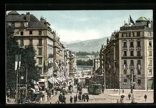 AK Genève, La rue du Mont Blanc, Strassenbahn