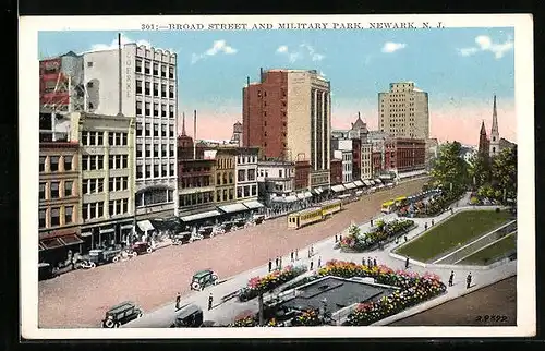 AK Newark, N. J., Broad Street and Military Park, Strassenbahn