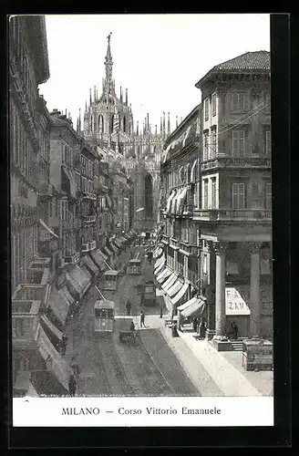 AK Milano, Corso Vittorio Emanuele mit Strassenbahnen von oben