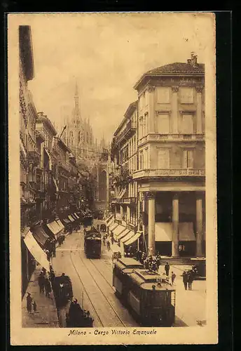 AK Milano, Corso Vittorio Emanuele mit Strassenbahnen aus der Vogelschau