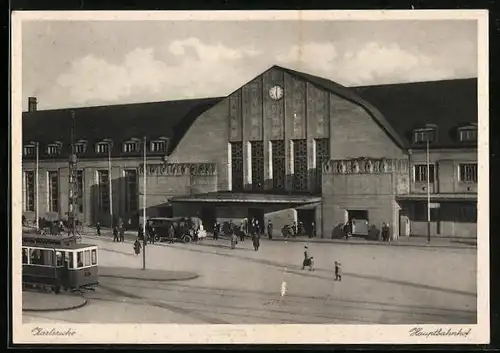 AK Karlsruhe, Hauptbahnhof mit Strassenbahn