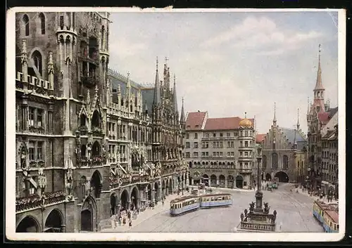 AK München, Marienplatz mit Strassenbahn aus der Vogelschau