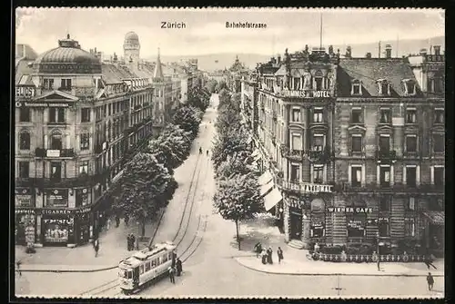 AK Zürich, Bahnhofstrasse aus der Vogelschau, mit Strassenbahn