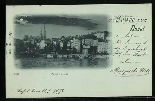 Mondschein-AK Basel, Rheinansicht bei Nacht