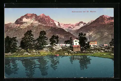 AK St. Moritz, Blick auf Restaurant Hahnensee mit See und Bergen