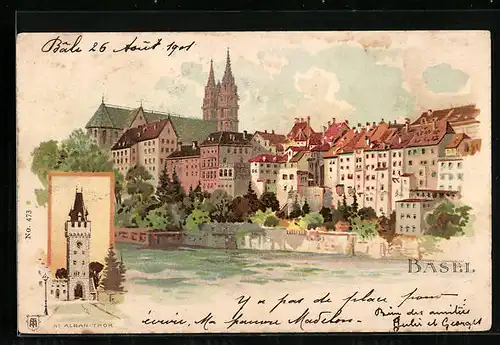 Lithographie Basel, Ortspartie und St. Alban-Thor