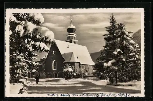 AK Davos-Dorf, Kirche bei Schnee