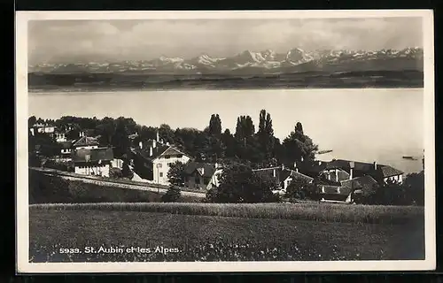 AK St. Aubin, Ortsansicht mit den Alpen