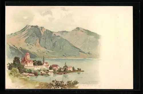 Lithographie Spiez, Ortsansicht mit Bergen