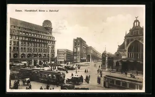 AK Essen, Handelshof, Börse und Bahnhof, Strassenbahn