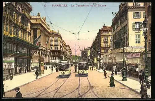 AK Marseille, La Cannebière et la Bourse, Strassenbahnen