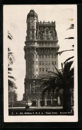 AK Buenos Aires, Edificio YMCA, Paseo Colon, Strassenbahn