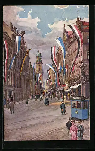 Künstler-AK München, Theatinerstrasse im Flaggenschmuck mit Strassenbahn