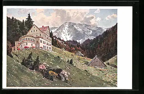 Künstler-AK Spindlermühle, Hotel Panorama von Gustav Rocek