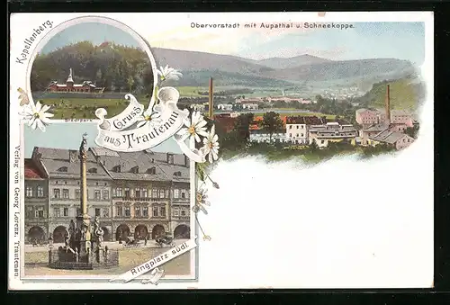 Lithographie Trautenau, Ringplatz, Kapellenberg, Obervorstadt mit Schneekoppe