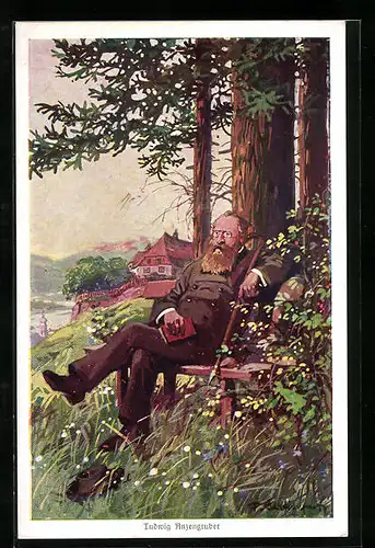 AK Ludwig Anzengruber sitzt unter einem Baum