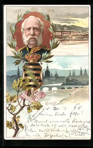 Lithographie Dresden-Pillnitz, Schloss, König Albert von Sachsen, Stadt-Silhouette