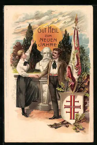 Lithographie Junges Paar vor einer Büste vom Turnvater Jahn