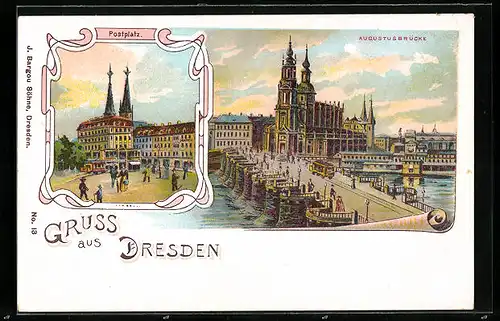 Lithographie Dresden, Postplatz, Augustusbrücke