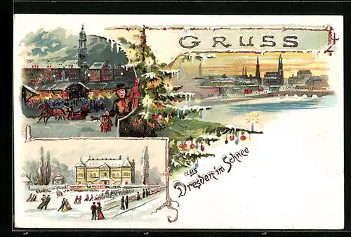 Lithographie Dresden, Christkindlmarkt auf dem Altmarkt, geschmückter Tannenbaum