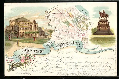 Lithographie Dresden, Kgl. Hoftheater i. d. Altstadt, König Johann-Denkmal
