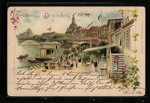 Lithographie Dresden, Helbig`s Etablissement, Restaurant am Fluss