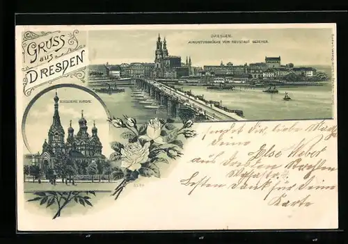 Lithographie Dresden, Augustbrücke von Neustadt gesehen, Russische Kirche