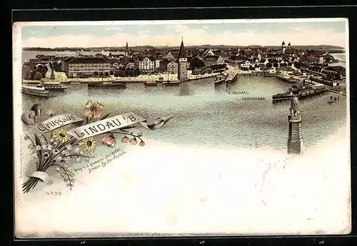 Lithographie Lindau i. B., Panorama aus der Vogelschau