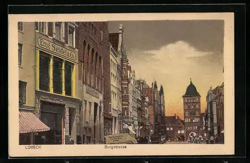 AK Lübeck, Burgstrasse mit Gewerbe Emil Seidel & Co.