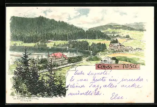 Lithographie Titisee, Panoramablick auf den Ort