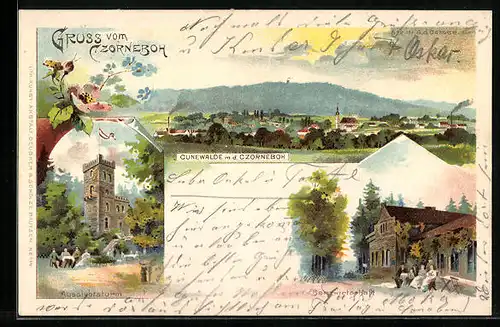 Lithographie Cunewalde, Ortsansicht m. d. Czorneboh, Aussichtsturm, Bergwirtschaft