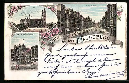 Lithographie Magdeburg, Breiter Weg, Dom, Kaiser Otto-Denkmal