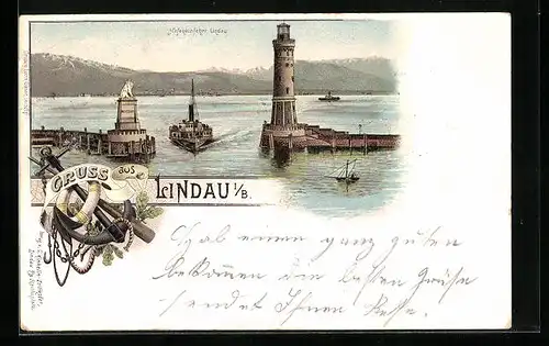 Lithographie Lindau i. B., Hafeneinfahrt mit Leuchtturm und Dampfer