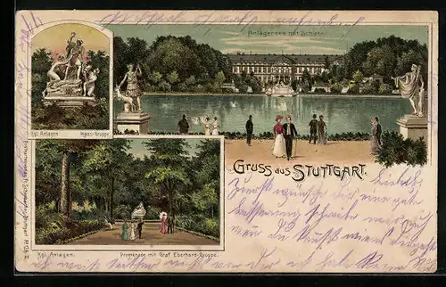 Lithographie Stuttgart, Anlagensee mit Schloss, Hylas-Gruppe, Promenade mit Graf Eberhard-Gruppe