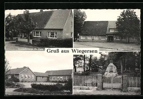 AK Wiegersen, Gemischtwaren H. Vietz, Gaststätte Hupe, Schule, Kriegerdenkmal