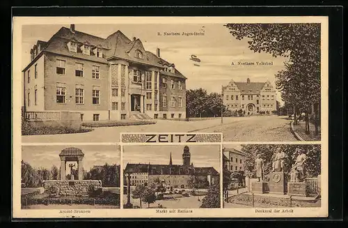 AK Zeitz, R. Naethers Jugendheim, A. Naethers Volksbad, Arnold-Brunnen, Markt mit Rathaus